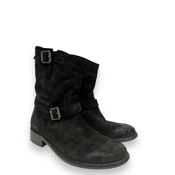 BELSTAFF Black Suede Bedford Buckle Accents Mid Calf Moto Booties Boots 36.5 - Picture 3 of 8